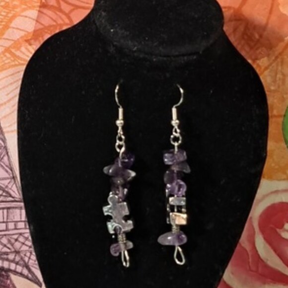 Hand Crafted Autism Pierced Earrings Puzzle Beaded Amethyst Chips Purple - Picture 1 of 8